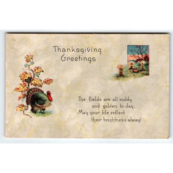 Vintage Thanksgiving Greetings Postcard with Turkey & Autumn Scene - Picture 1 of 2